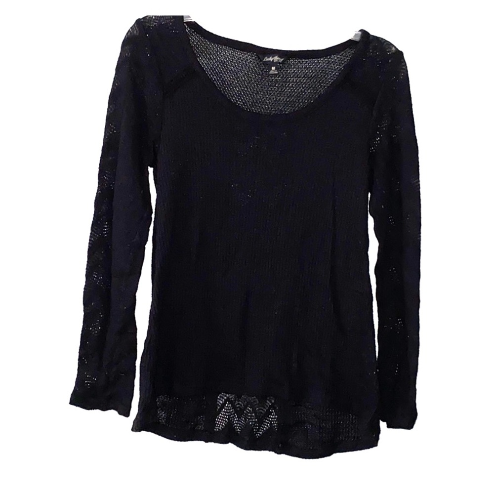 Lucky Brand Black Waffle Knit Long Sleeves Top
